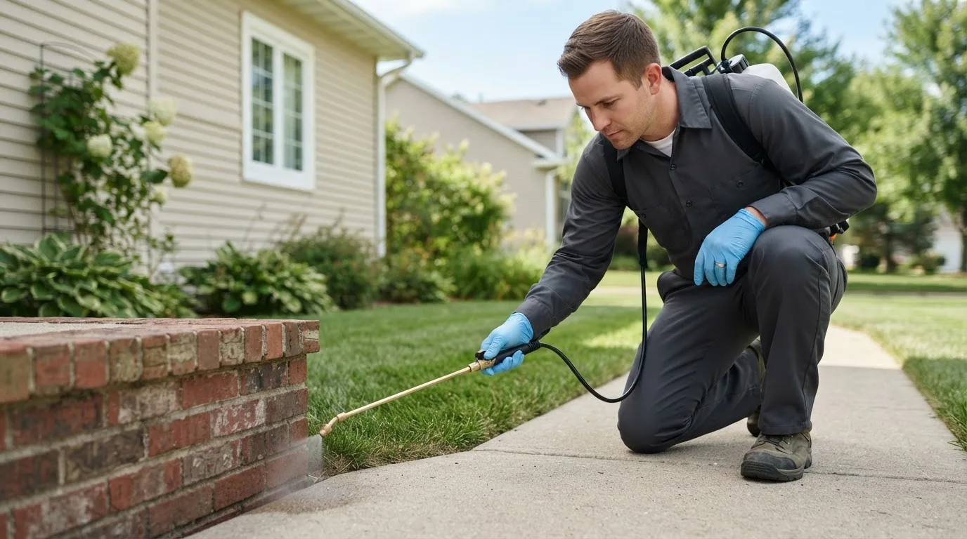 Pest control technician treating a home near Roopville, GA