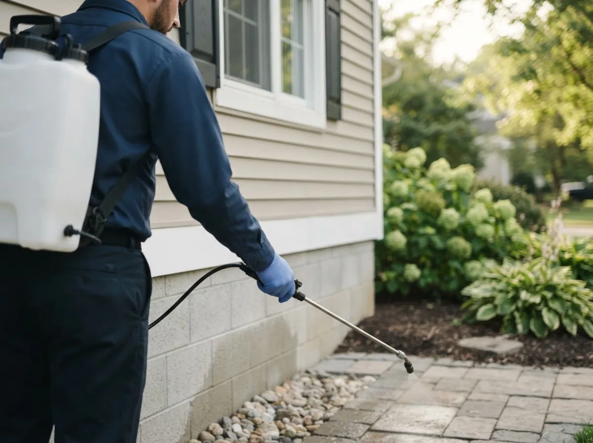 Pest control technician inspecting a home in Roopville, GA